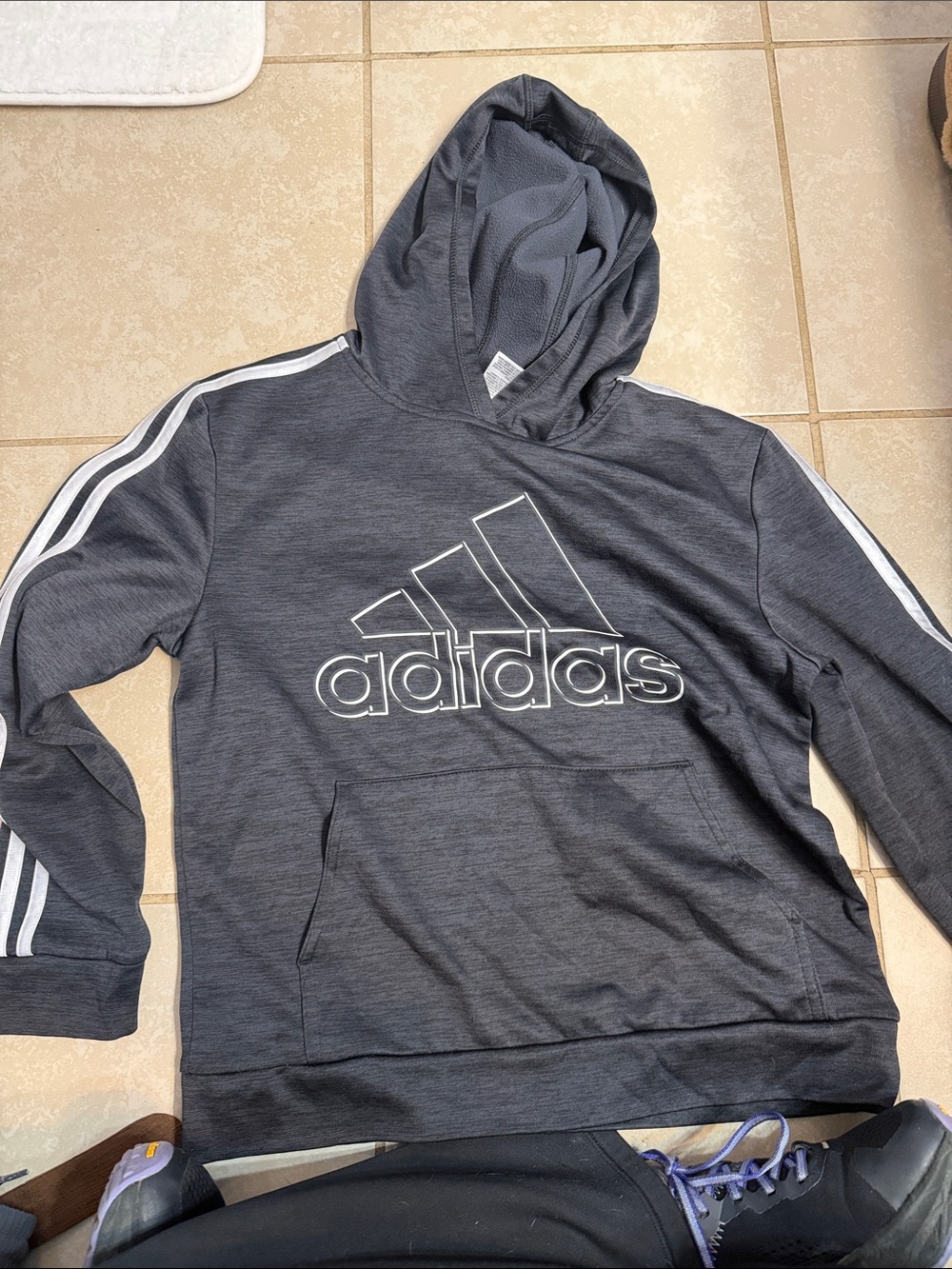 adidas Charcoal Gray Hoodie with White Logo & Stripes